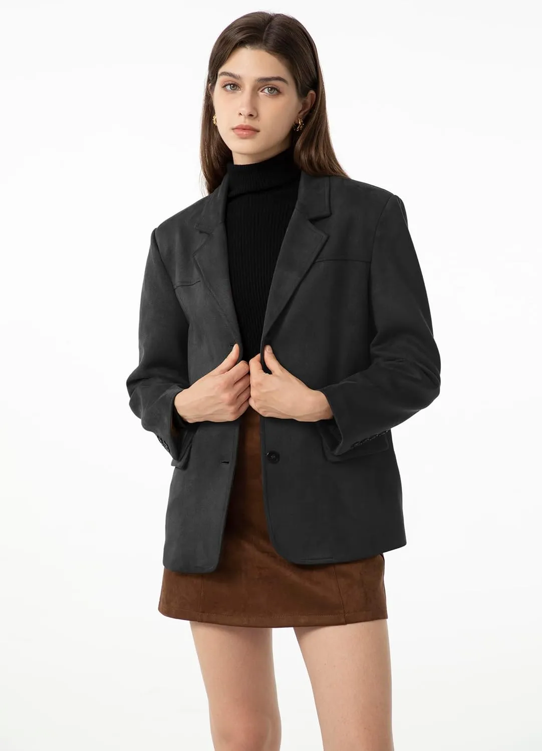Ababalaya Women's Faux Suede Blazer Jacket 2024 Fall Fashion Outfits Casual Winter Coats