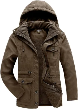 Adhdyuud Men's Cashmere Fleece Coats Winter Outdoor Military Cotton-Padded Hooded Thicken Warm Parkas Jacket