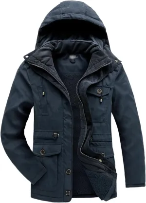 Adhdyuud Men's Cashmere Fleece Coats Winter Outdoor Military Cotton-Padded Hooded Thicken Warm Parkas Jacket