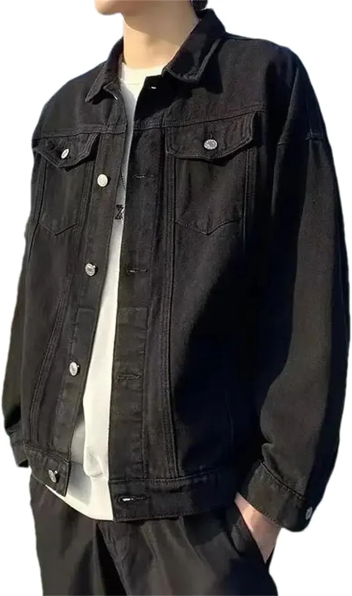 Adhdyuud Men's Spring Lapel Washed Denim Jacket Classic Long Sleeves Button Down Jean Coats