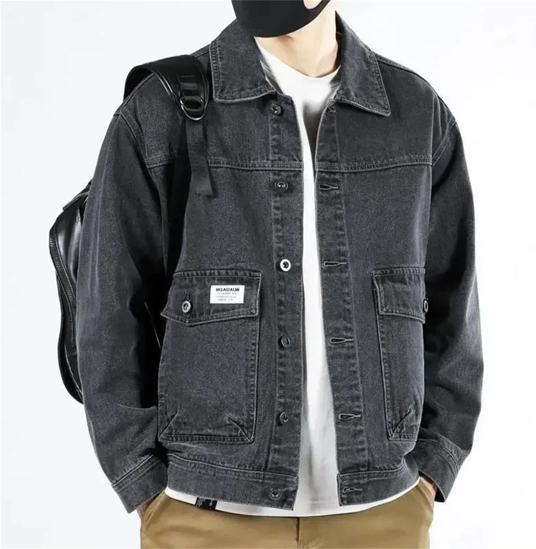 Adhdyuud Men's Spring Lapel Washed Denim Jacket Classic Long Sleeves Button Down Jean Coats