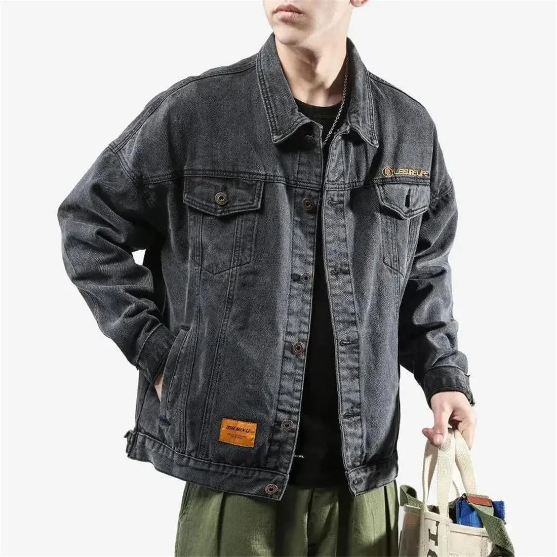 Adhdyuud Men's Spring Lapel Washed Denim Jacket Classic Long Sleeves Button Down Jean Coats