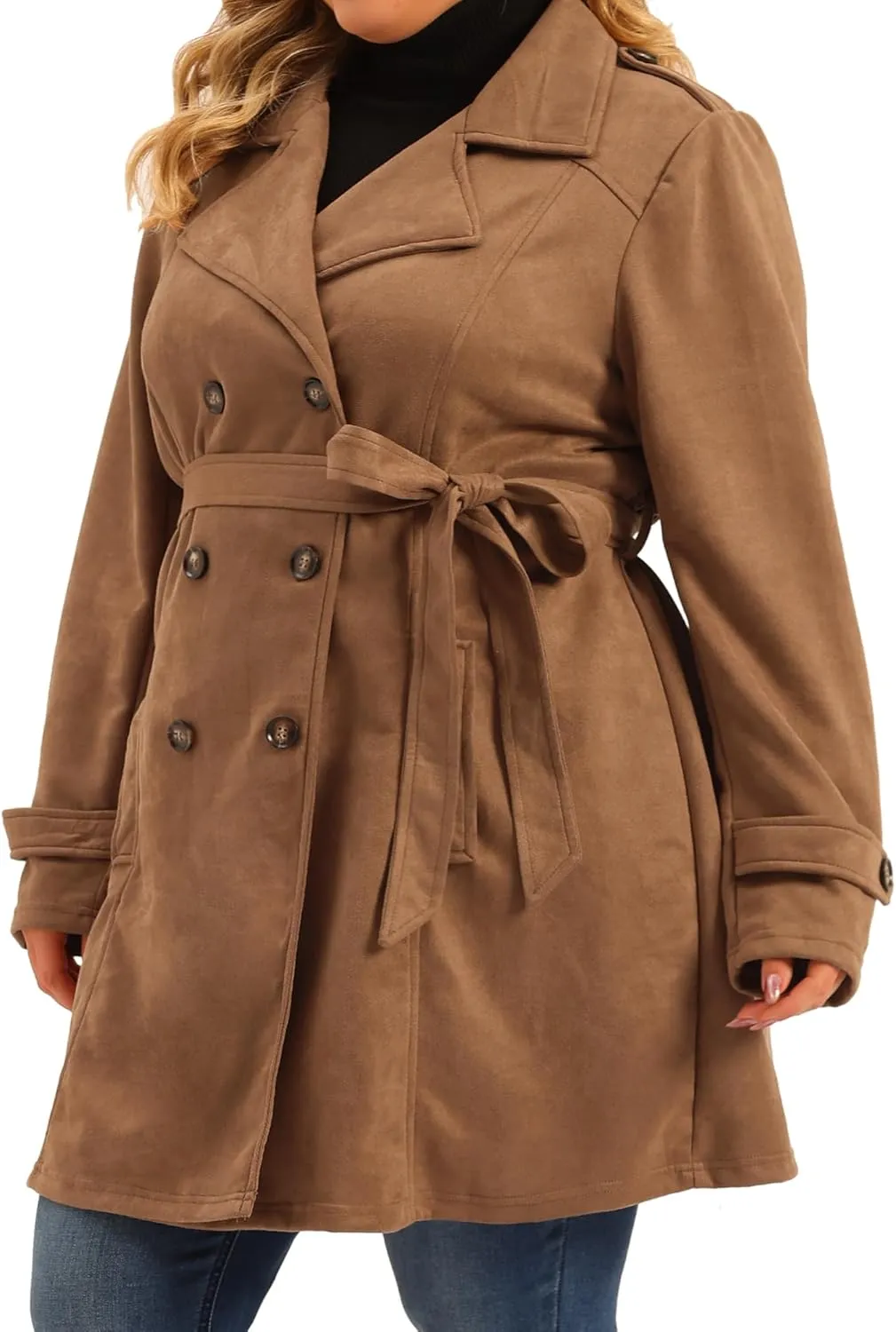 Agnes Orinda Plus Size Trench Coats for Women Faux Suede Jackets Notched Lapel Double Breasted Coat Jacket