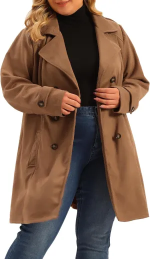 Agnes Orinda Plus Size Trench Coats for Women Faux Suede Jackets Notched Lapel Double Breasted Coat Jacket
