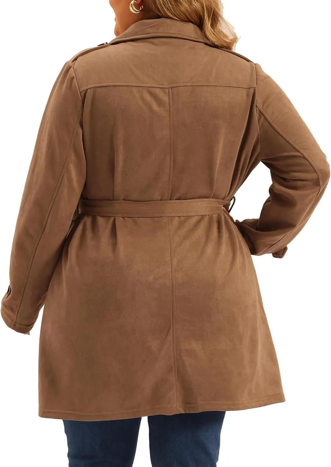 Agnes Orinda Plus Size Trench Coats for Women Faux Suede Jackets Notched Lapel Double Breasted Coat Jacket