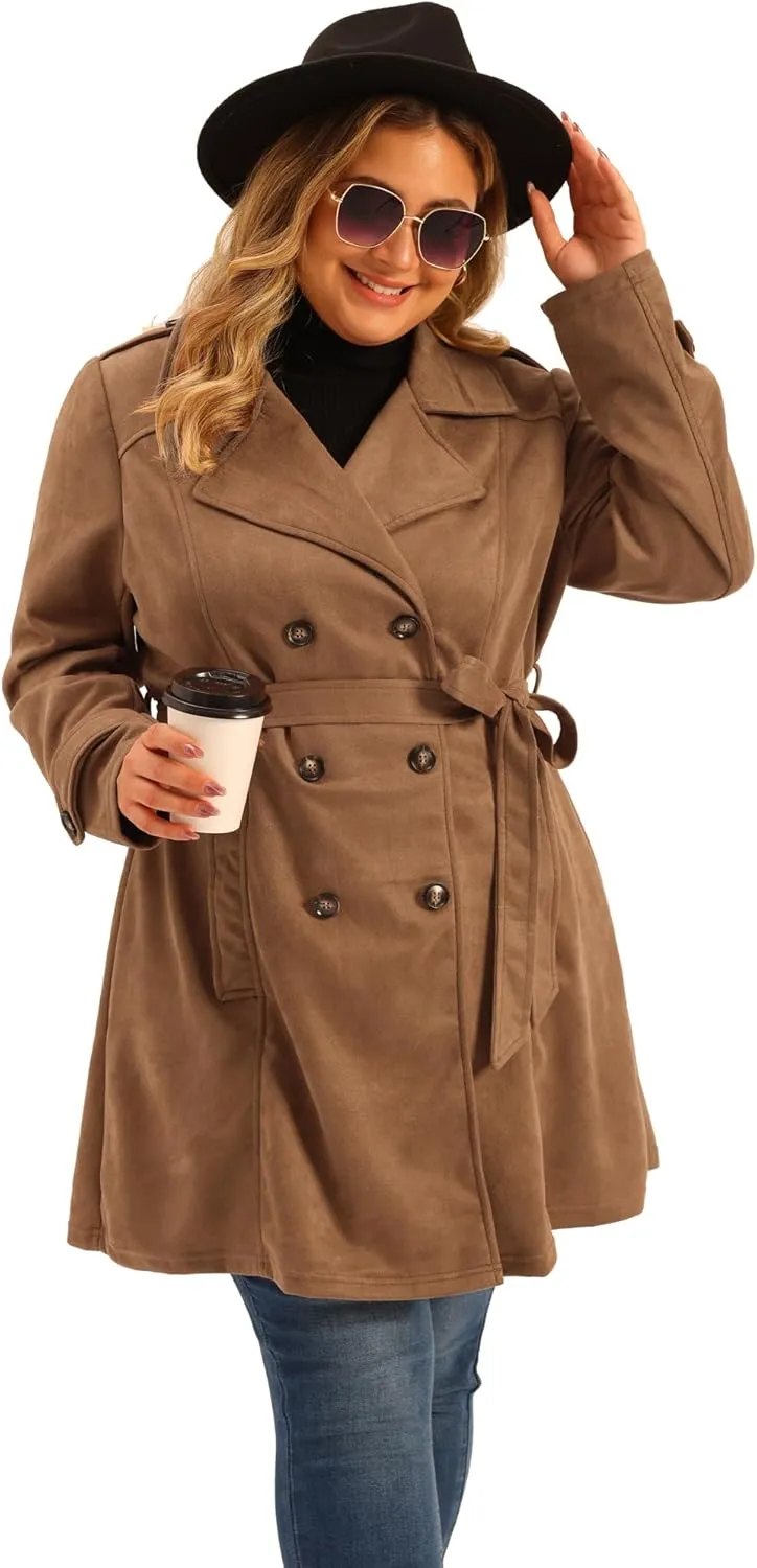 Agnes Orinda Plus Size Trench Coats for Women Faux Suede Jackets Notched Lapel Double Breasted Coat Jacket