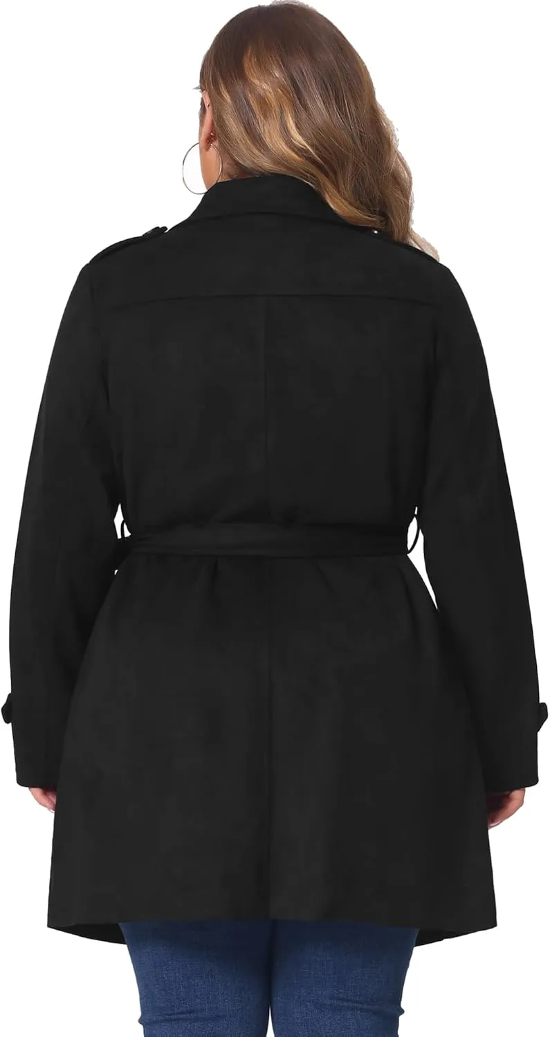 Agnes Orinda Plus Size Trench Coats for Women Faux Suede Jackets Notched Lapel Double Breasted Coat Jacket