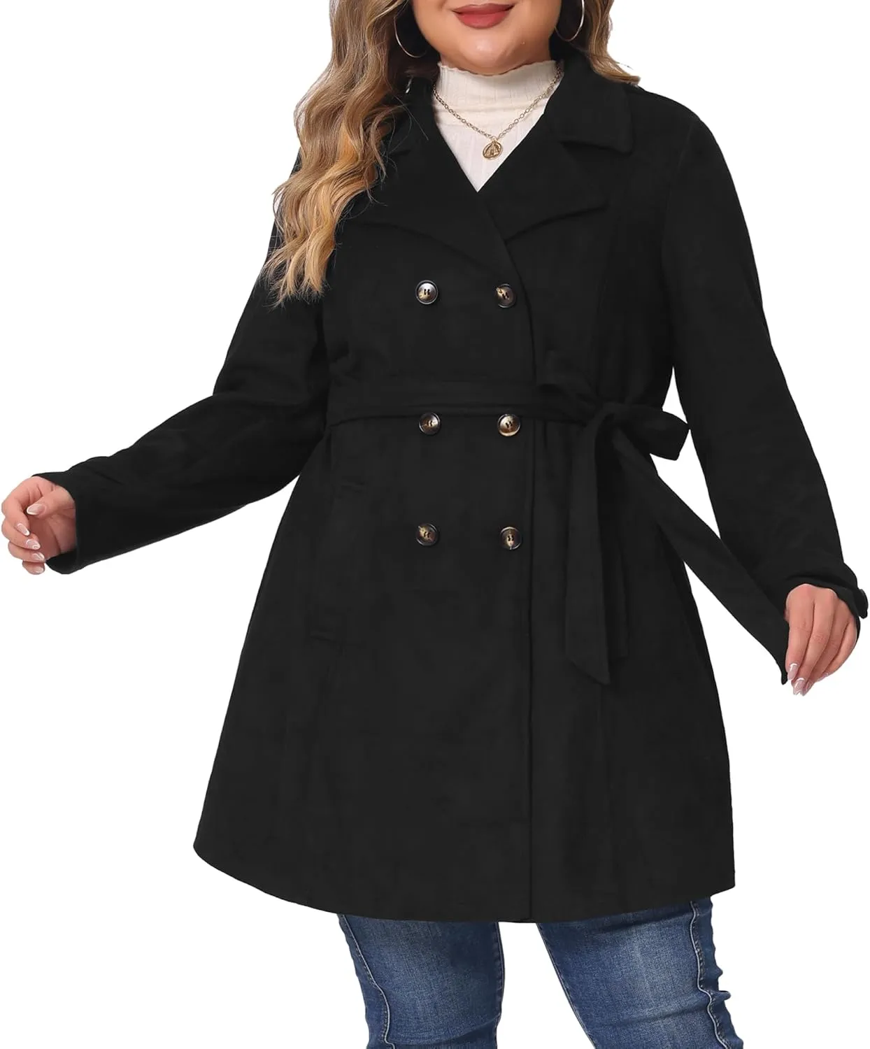 Agnes Orinda Plus Size Trench Coats for Women Faux Suede Jackets Notched Lapel Double Breasted Coat Jacket