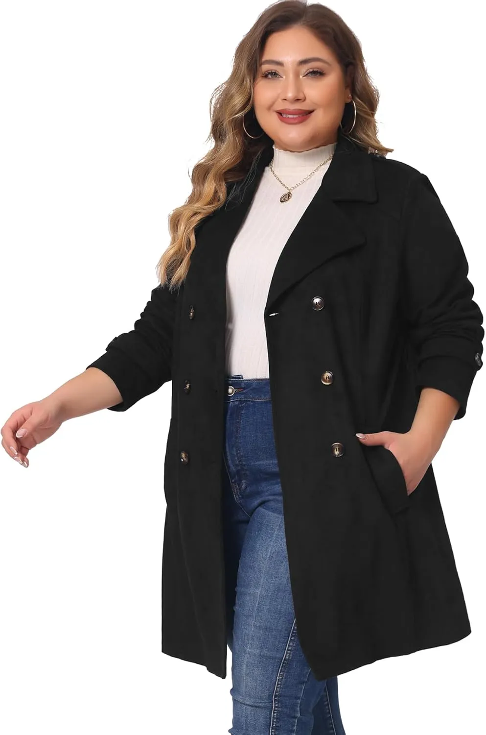 Agnes Orinda Plus Size Trench Coats for Women Faux Suede Jackets Notched Lapel Double Breasted Coat Jacket