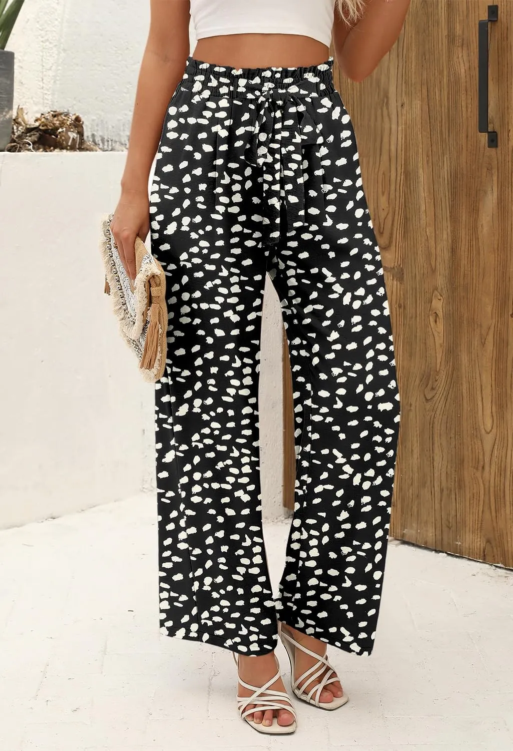 Angerella Womens Wide Leg Pants High Elastic Waist Adjustable Knot Casual Flowy Trousers Business Work Pants with Pockets