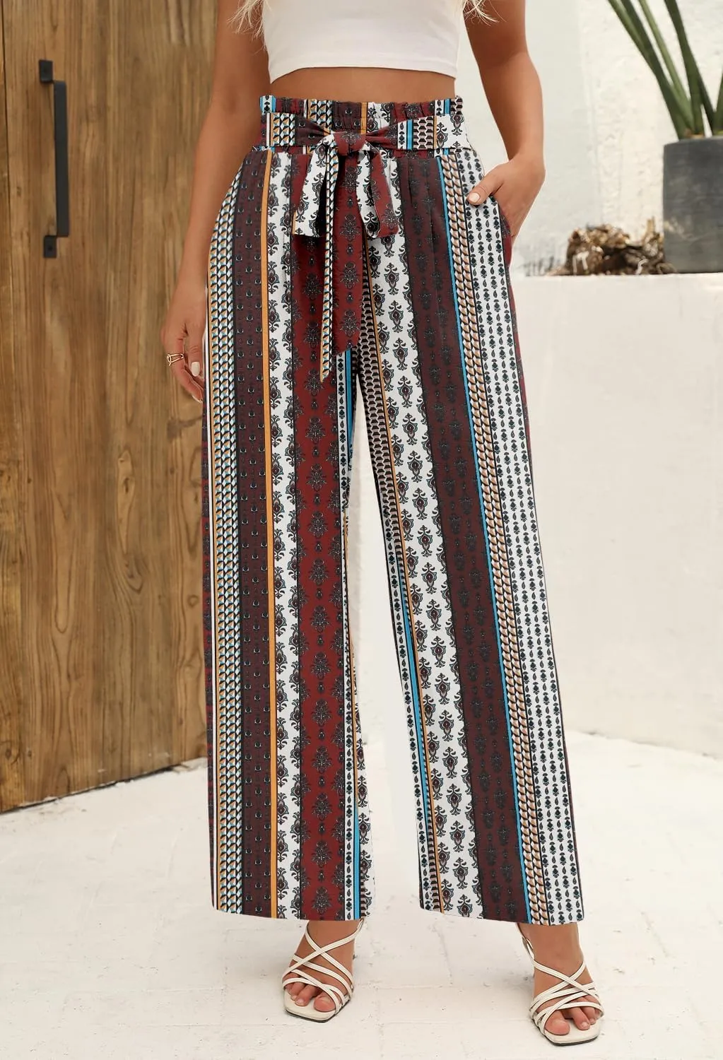 Angerella Womens Wide Leg Pants High Elastic Waist Adjustable Knot Casual Flowy Trousers Business Work Pants with Pockets