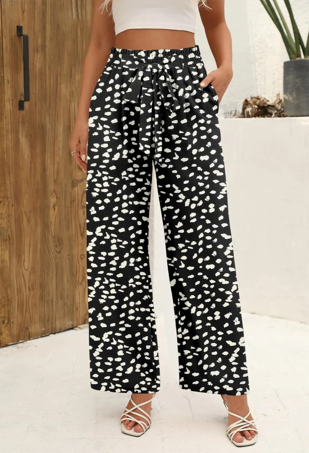 Angerella Womens Wide Leg Pants High Elastic Waist Adjustable Knot Casual Flowy Trousers Business Work Pants with Pockets