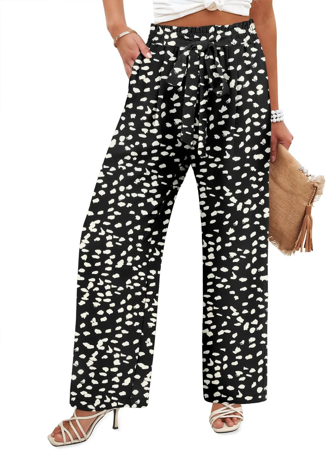 Angerella Womens Wide Leg Pants High Elastic Waist Adjustable Knot Casual Flowy Trousers Business Work Pants with Pockets