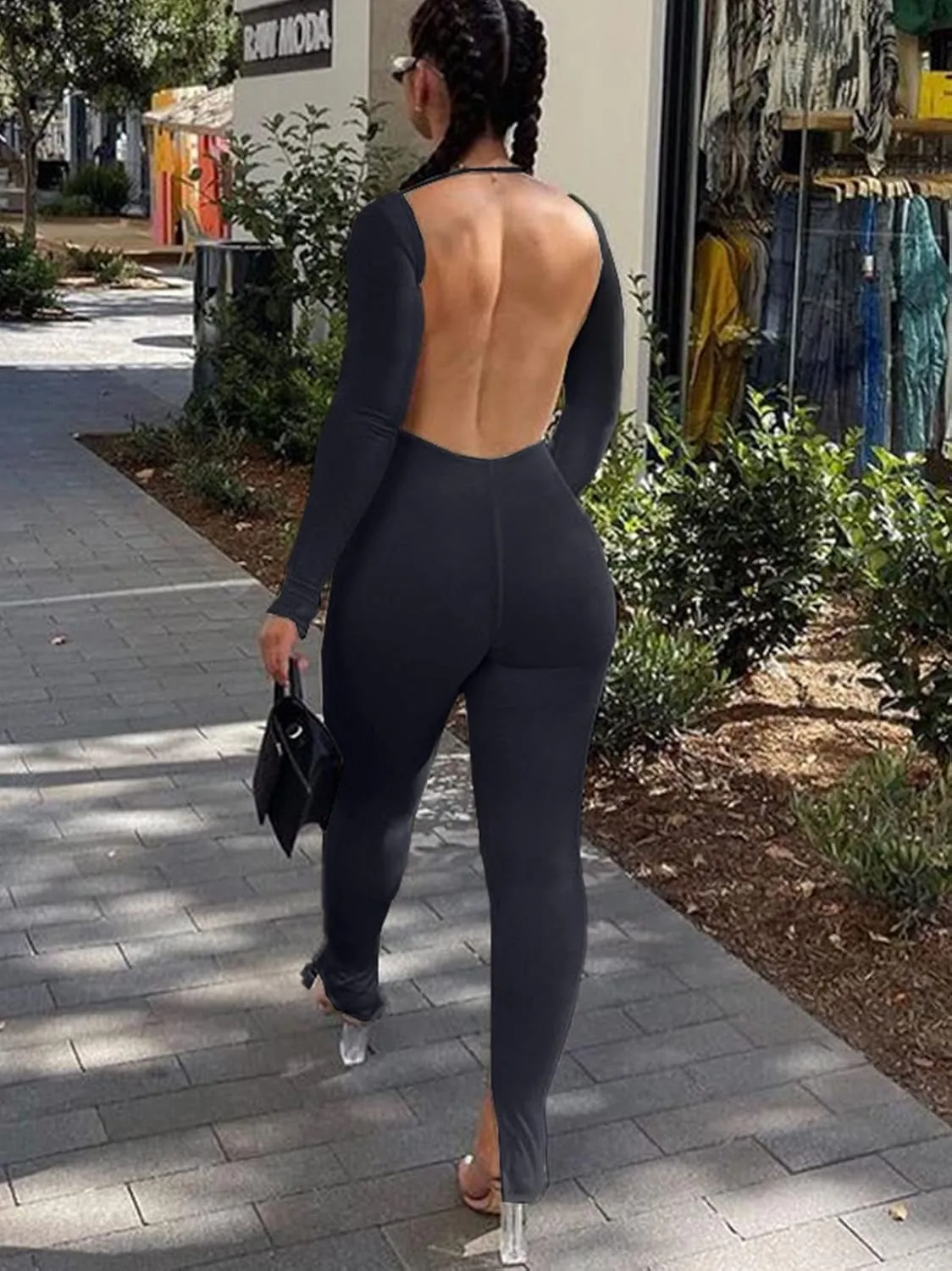 Annystore Women's Sexy Long Sleeve Bodycon Jumpsuit Backless Split Hem Flare Pants One Piece Outfits Rompers Party Clubwear