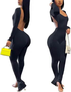 Annystore Women's Sexy Long Sleeve Bodycon Jumpsuit Backless Split Hem Flare Pants One Piece Outfits Rompers Party Clubwear