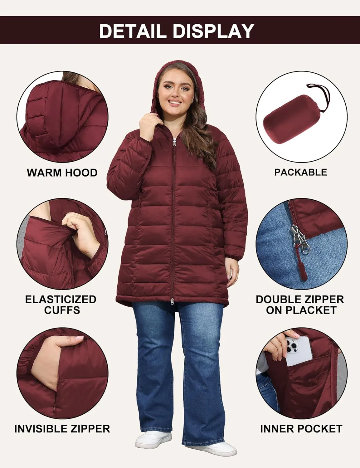 ANOTHER CHOICE Women's Packable Puffer Jacket, Hooded Lightweight Quilted Coat(Plus Size 1X-6X)