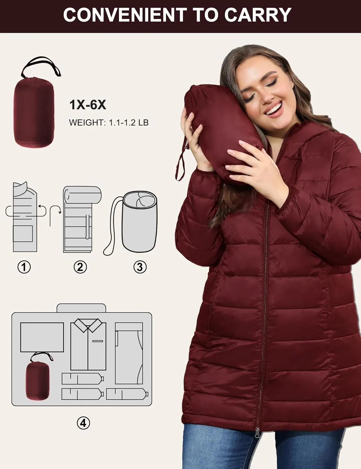 ANOTHER CHOICE Women's Packable Puffer Jacket, Hooded Lightweight Quilted Coat(Plus Size 1X-6X)