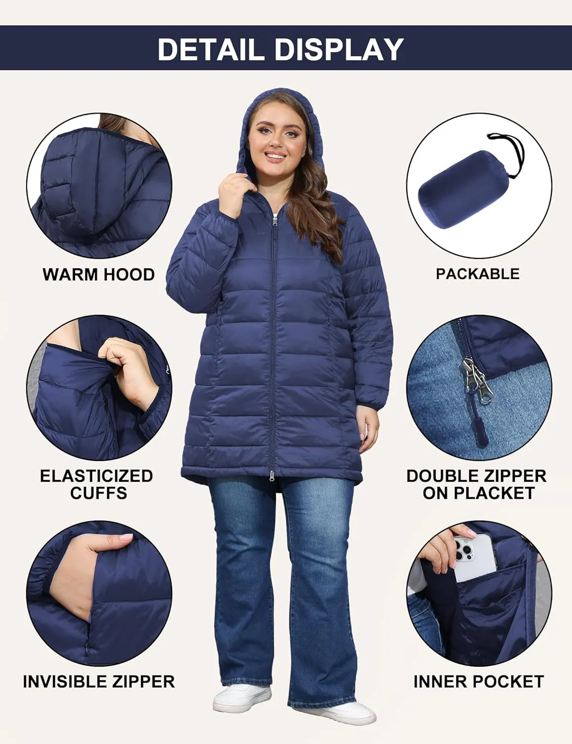 ANOTHER CHOICE Women's Packable Puffer Jacket, Hooded Lightweight Quilted Coat(Plus Size 1X-6X)