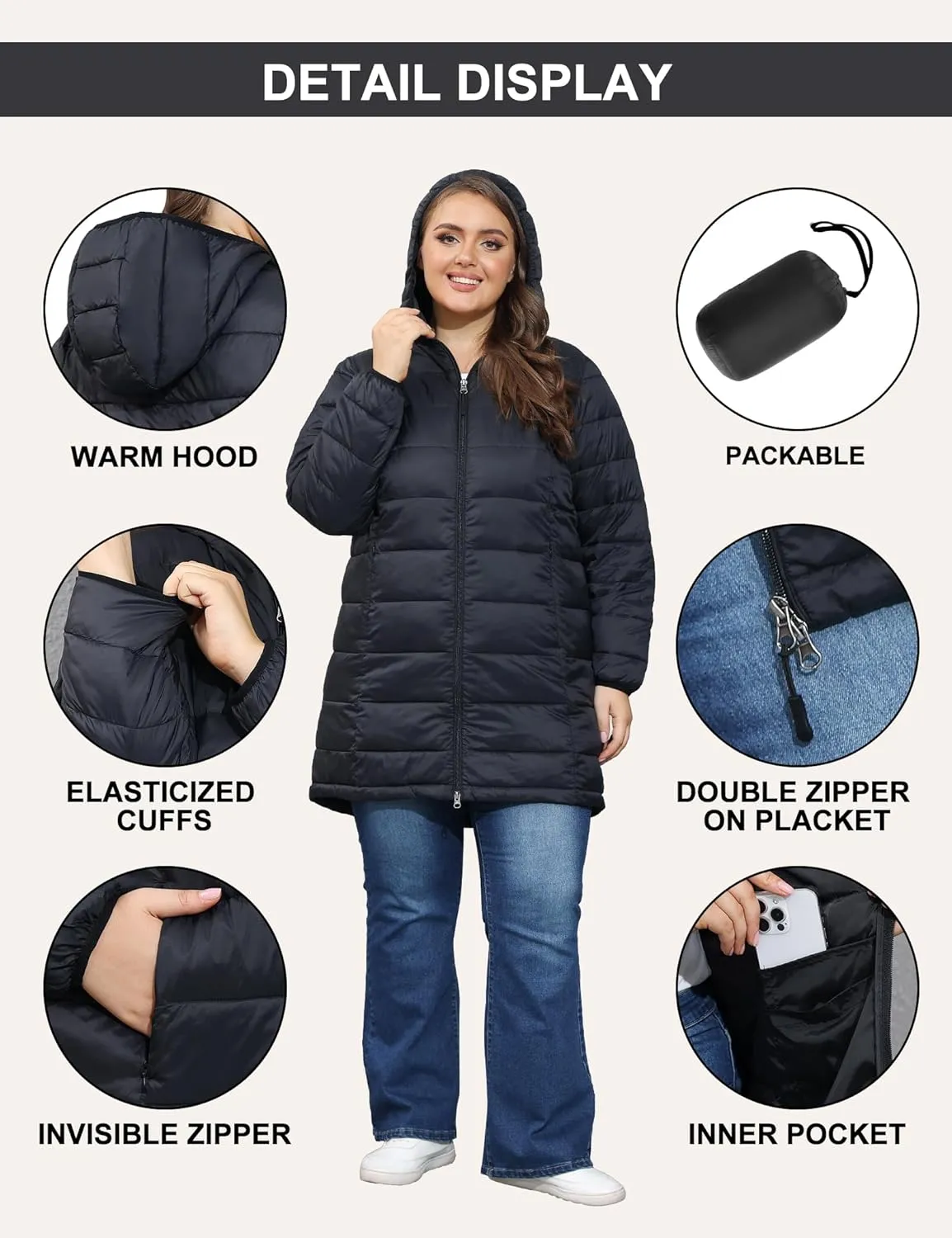 ANOTHER CHOICE Women's Packable Puffer Jacket, Hooded Lightweight Quilted Coat(Plus Size 1X-6X)