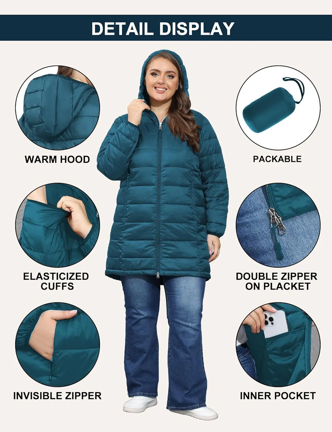 ANOTHER CHOICE Women's Packable Puffer Jacket, Hooded Lightweight Quilted Coat(Plus Size 1X-6X)