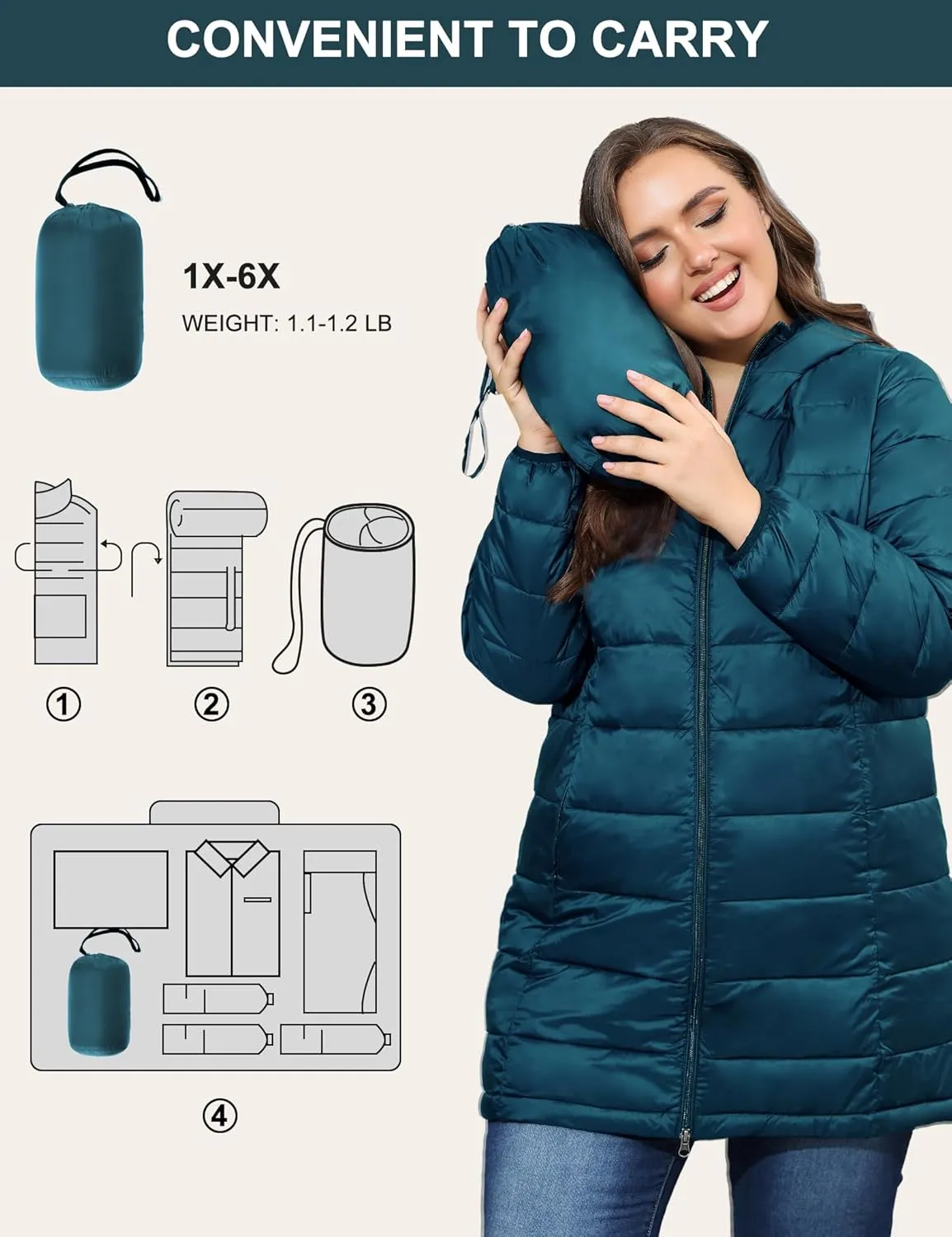 ANOTHER CHOICE Women's Packable Puffer Jacket, Hooded Lightweight Quilted Coat(Plus Size 1X-6X)