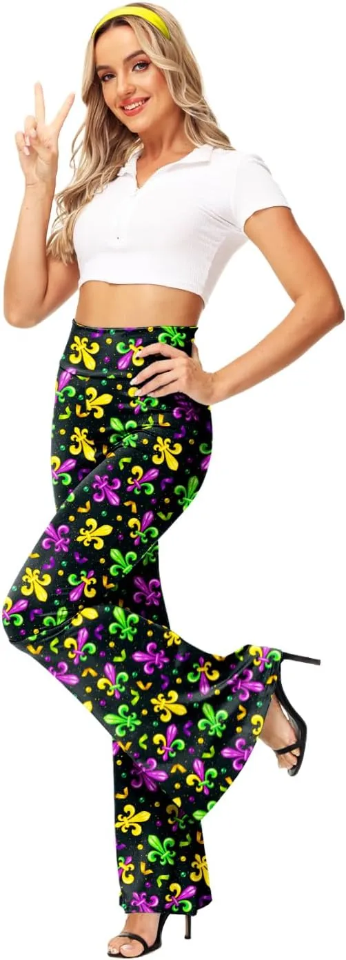 AOBUTE Womens Mardi Gras Bell Bottoms Purple Green Yellow High Waist Flare Pants
