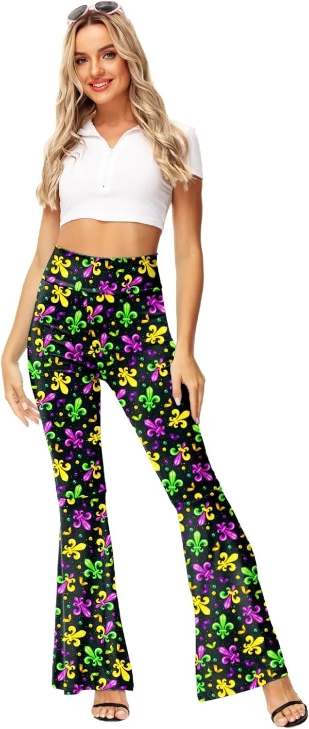 AOBUTE Womens Mardi Gras Bell Bottoms Purple Green Yellow High Waist Flare Pants
