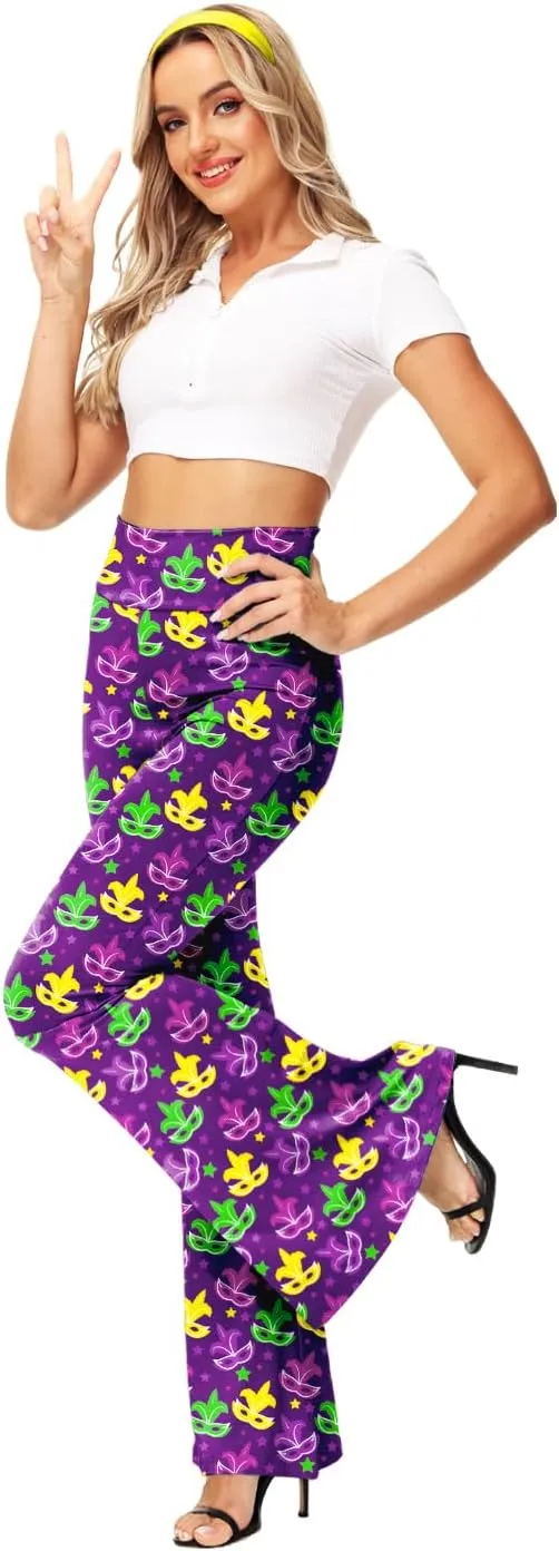 AOBUTE Womens Mardi Gras Bell Bottoms Purple Green Yellow High Waist Flare Pants