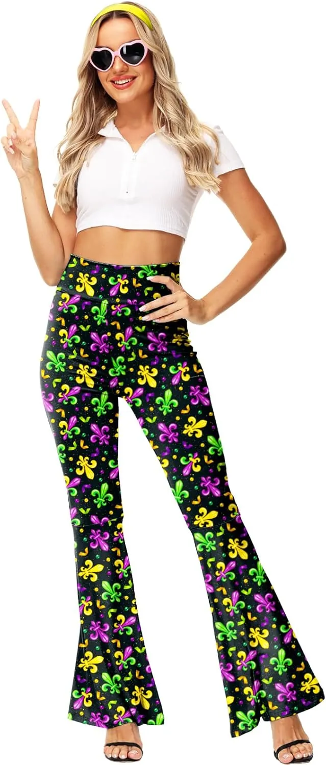 AOBUTE Womens Mardi Gras Bell Bottoms Purple Green Yellow High Waist Flare Pants