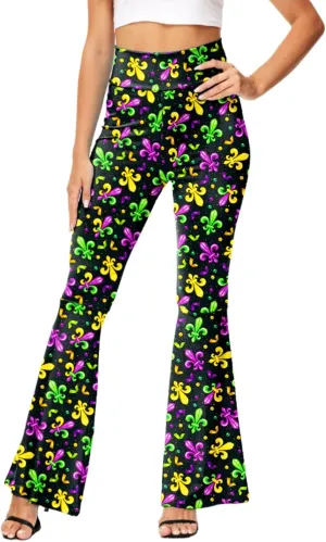 AOBUTE Womens Mardi Gras Bell Bottoms Purple Green Yellow High Waist Flare Pants