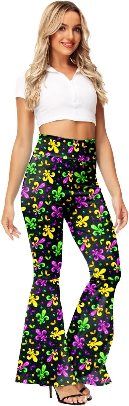 AOBUTE Womens Mardi Gras Bell Bottoms Purple Green Yellow High Waist Flare Pants
