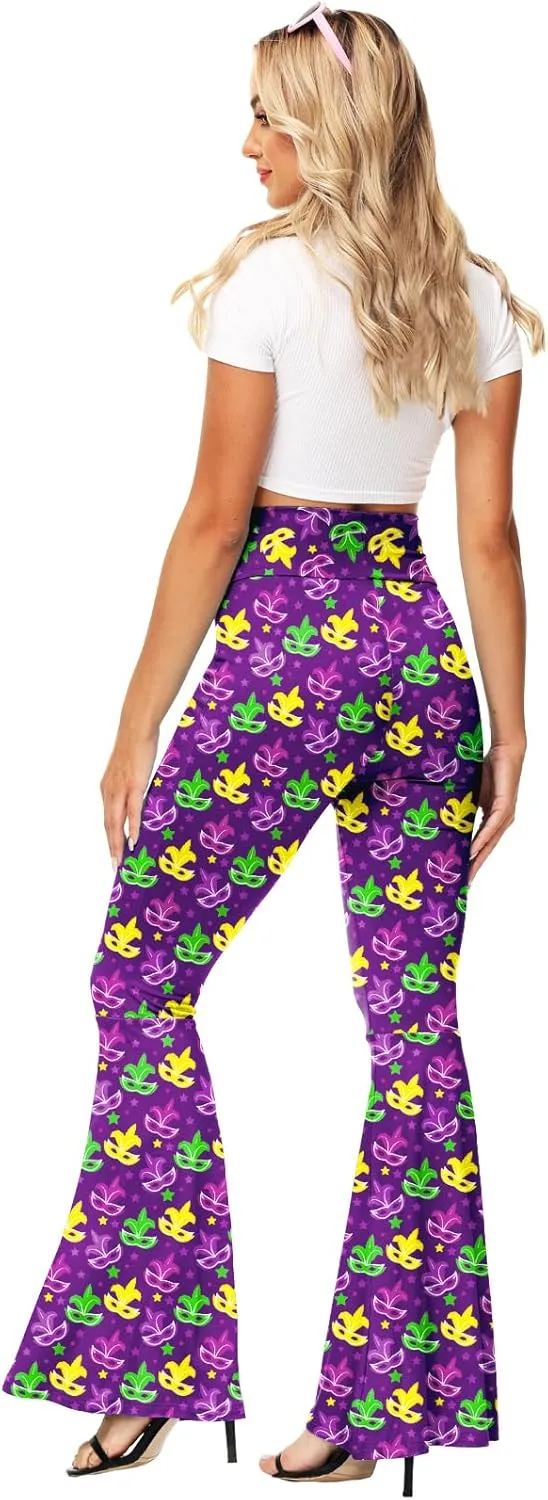 AOBUTE Womens Mardi Gras Bell Bottoms Purple Green Yellow High Waist Flare Pants
