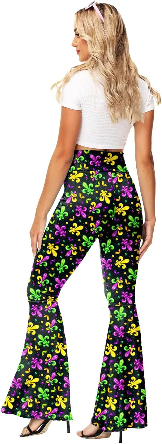 AOBUTE Womens Mardi Gras Bell Bottoms Purple Green Yellow High Waist Flare Pants