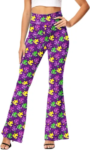 AOBUTE Womens Mardi Gras Bell Bottoms Purple Green Yellow High Waist Flare Pants