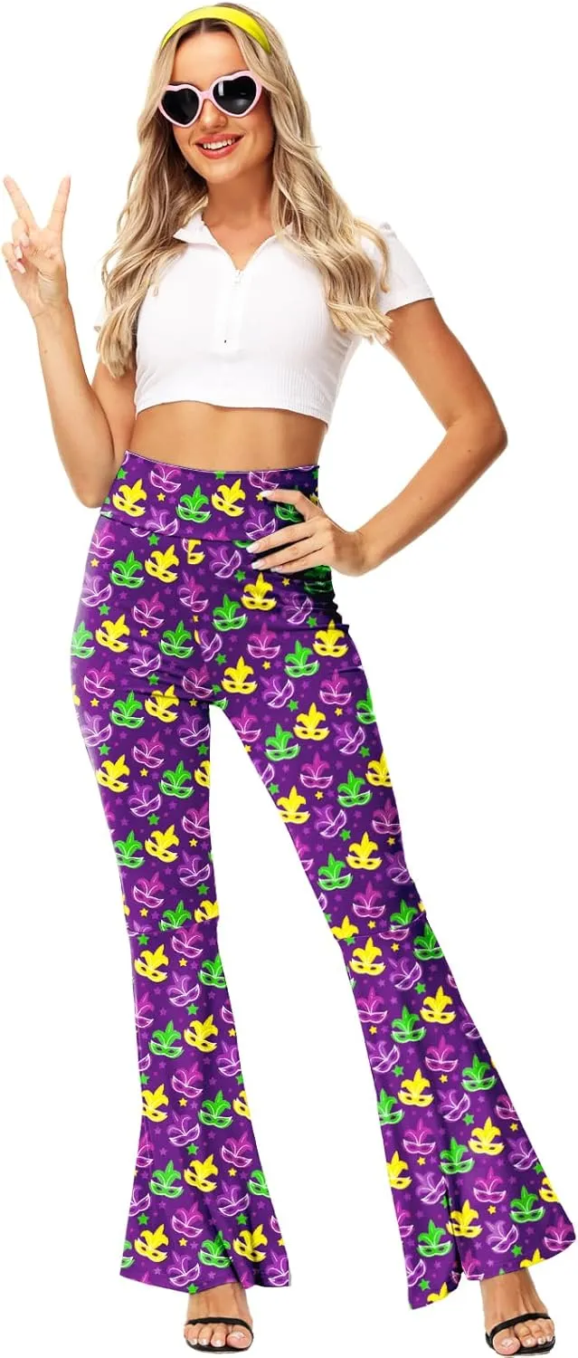 AOBUTE Womens Mardi Gras Bell Bottoms Purple Green Yellow High Waist Flare Pants
