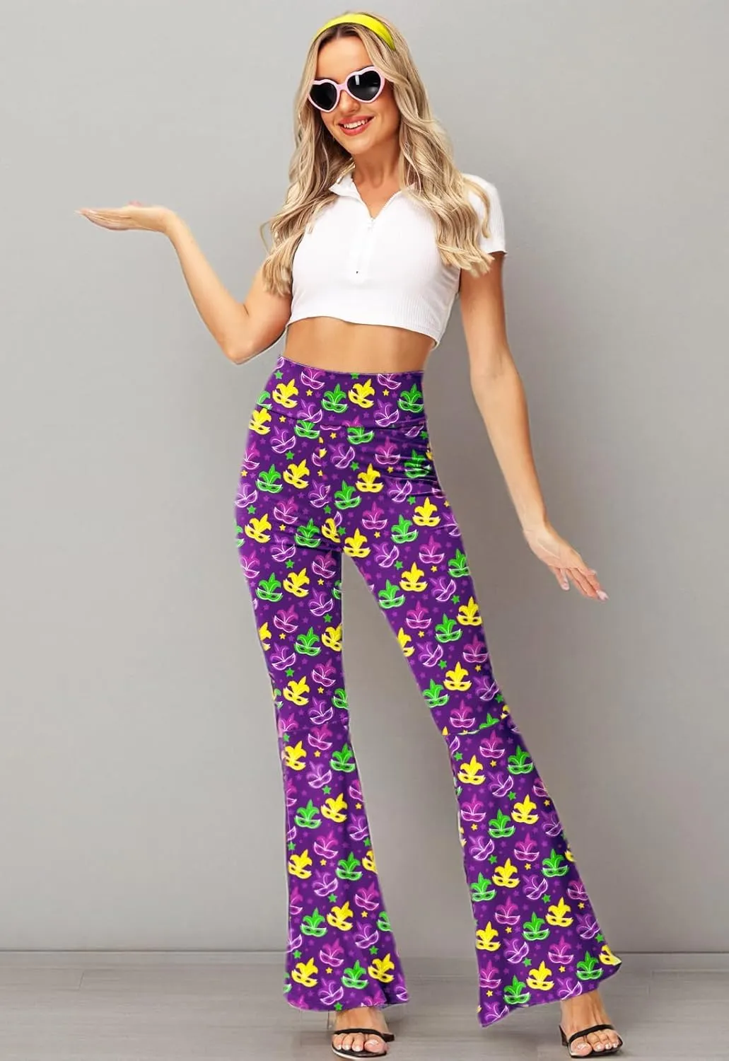 AOBUTE Womens Mardi Gras Bell Bottoms Purple Green Yellow High Waist Flare Pants
