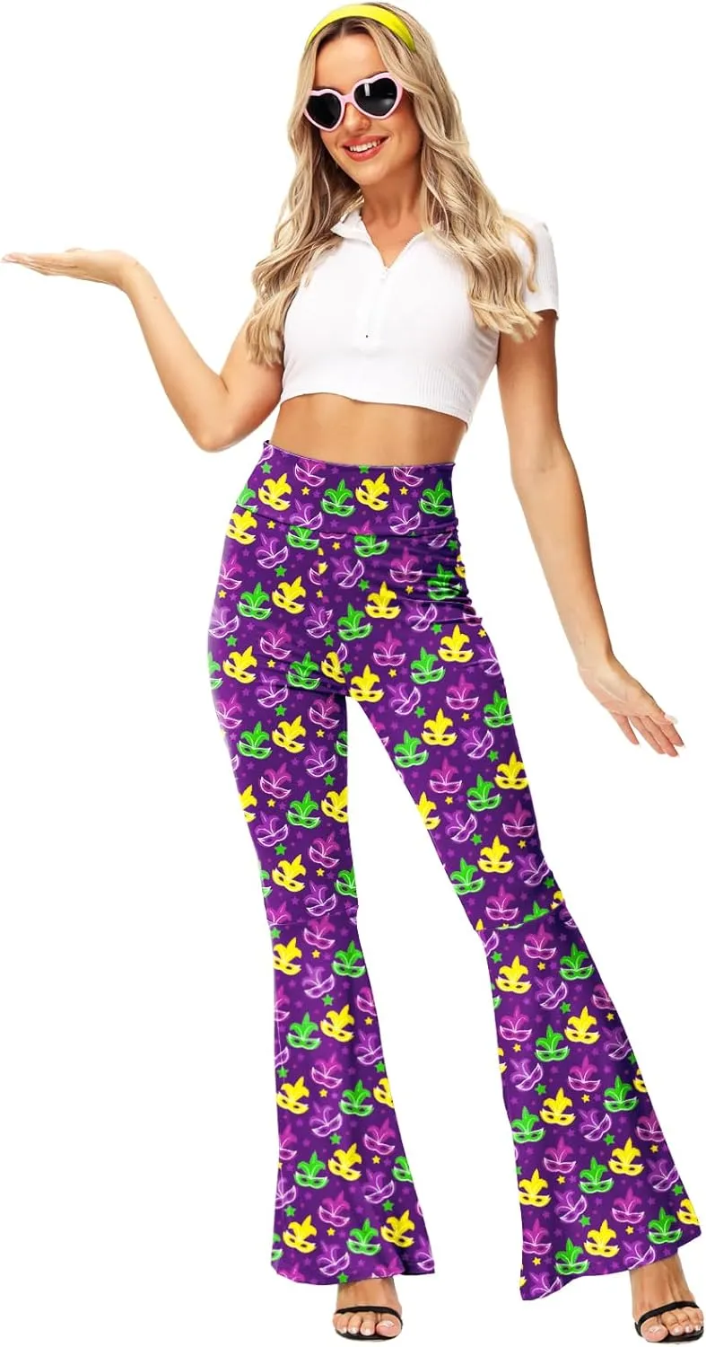 AOBUTE Womens Mardi Gras Bell Bottoms Purple Green Yellow High Waist Flare Pants