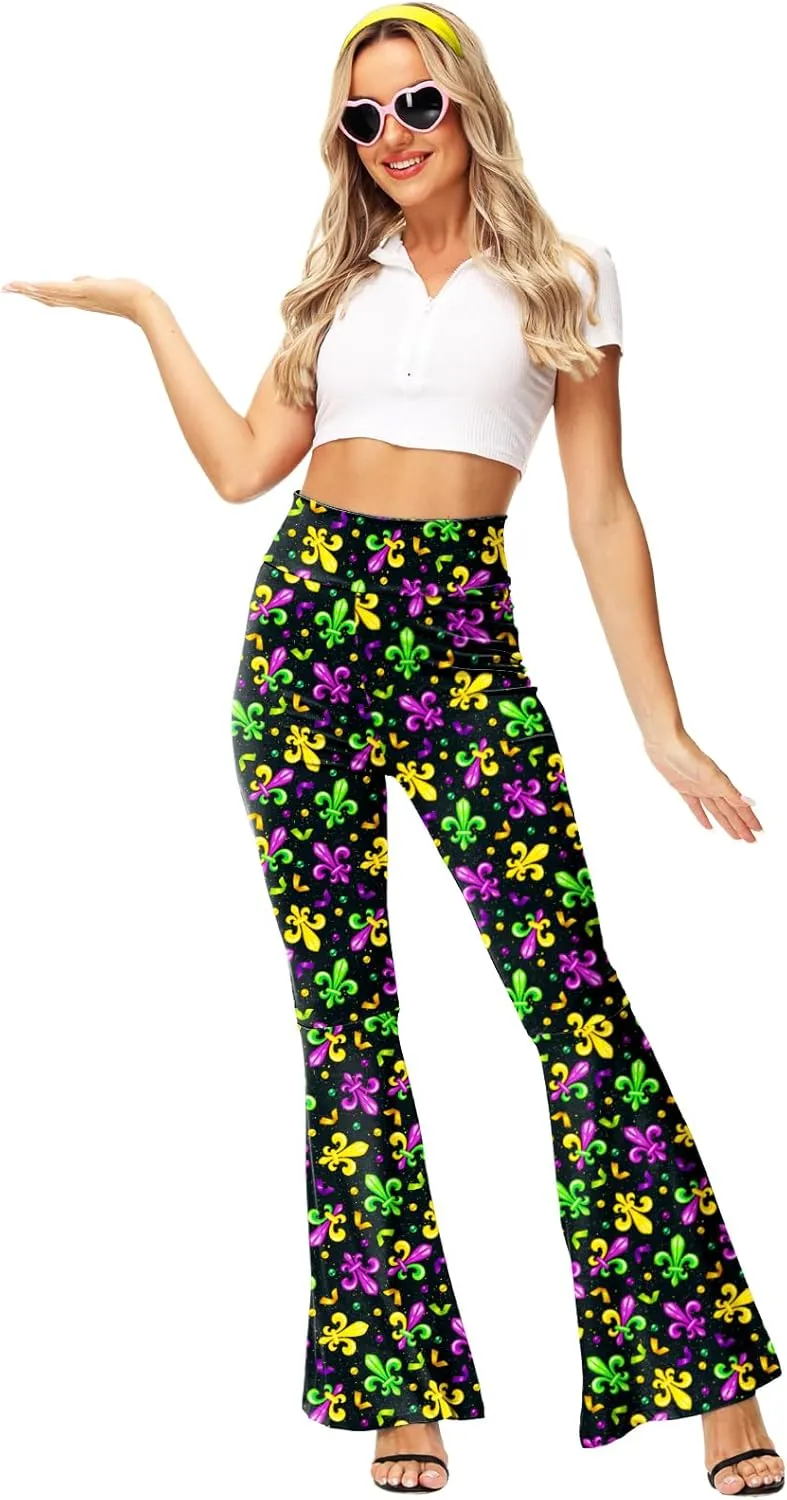 AOBUTE Womens Mardi Gras Bell Bottoms Purple Green Yellow High Waist Flare Pants