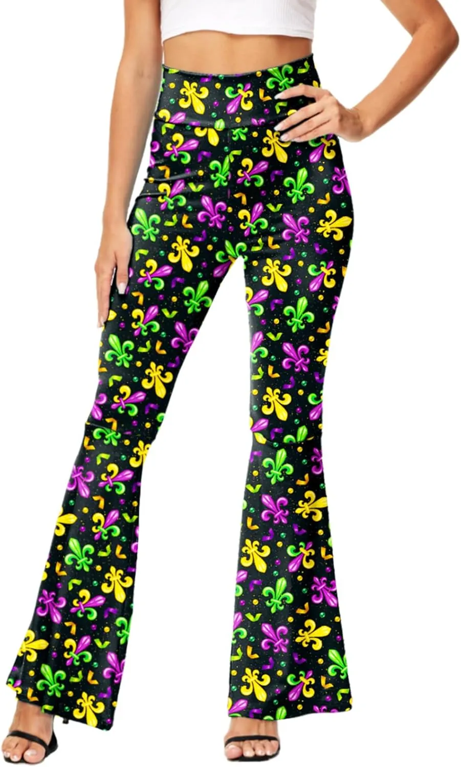AOBUTE Womens Mardi Gras Bell Bottoms Purple Green Yellow High Waist Flare Pants