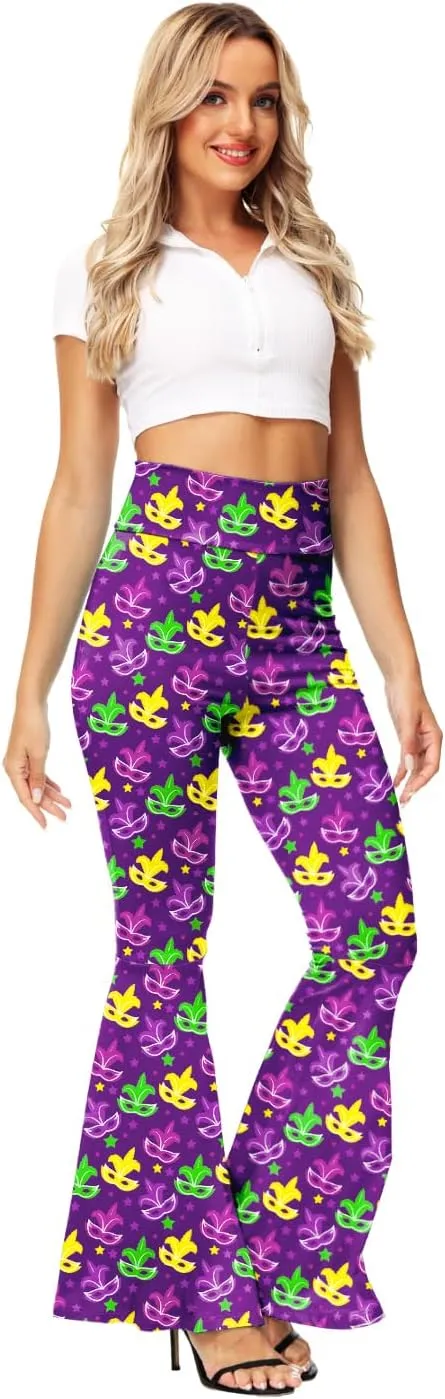 AOBUTE Womens Mardi Gras Bell Bottoms Purple Green Yellow High Waist Flare Pants