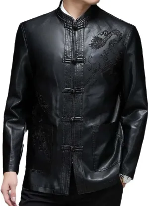 Aoleaky Chinese Style Men's Leather Coat Men Clothing Loose Embroidery Coatstang Suit Chinoiserie Jackets Outerwear