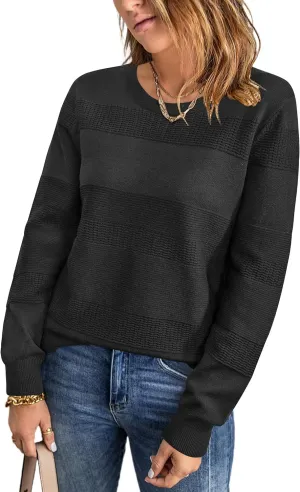 Arach&Cloz Womens Fall Sweaters 2024 Crochet Crew Neck Long Sleeve Knit Tops Pullover Fashion Clothes Outfits