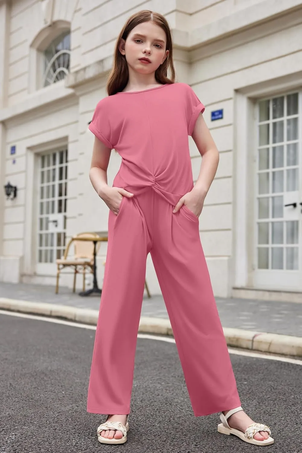Arshiner Girls Summer 2 Piece Outfits Ribbed Short Sleeve Twist Front Tops and Wide Leg Pants Kids Loungwear Set Tracksuit