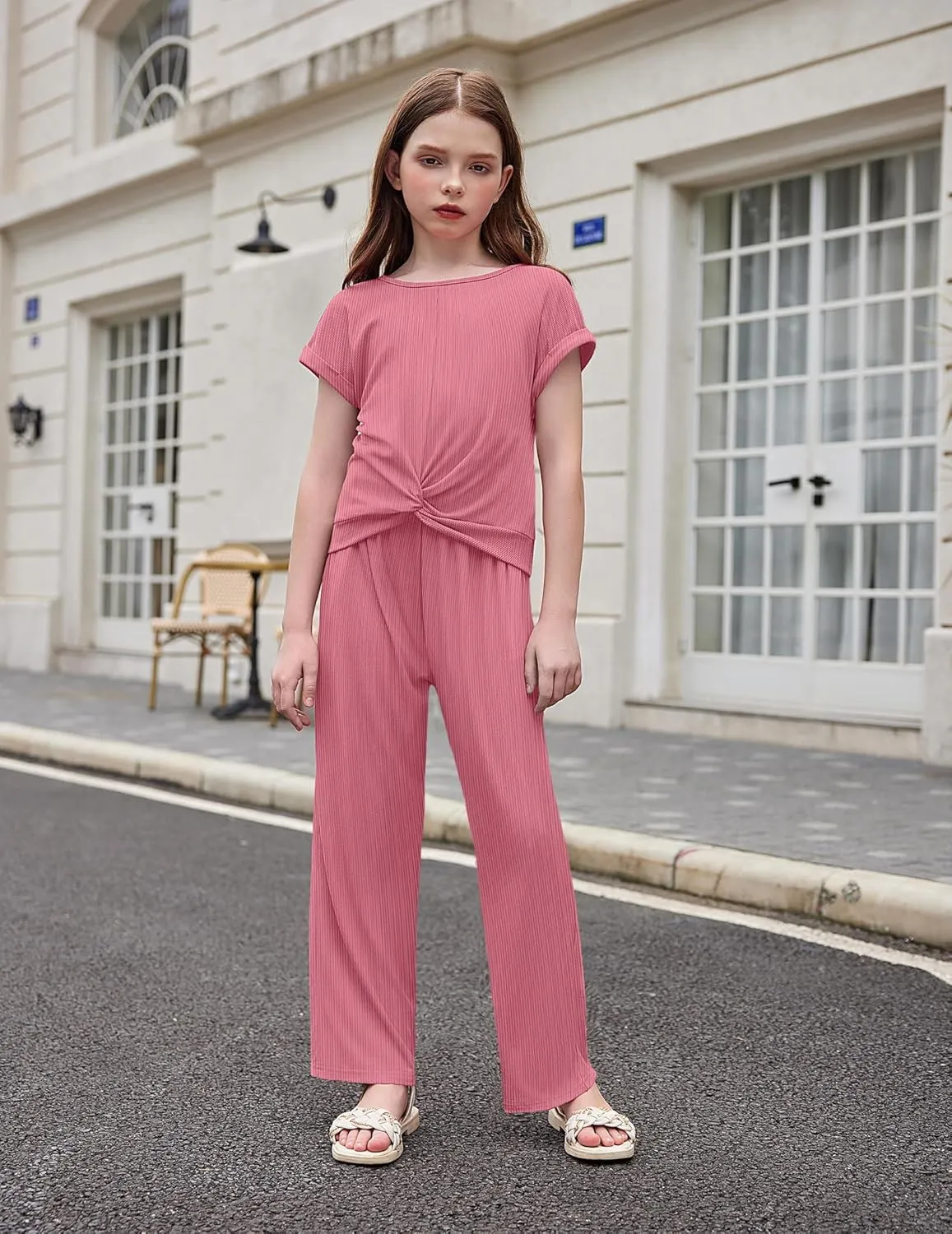 Arshiner Girls Summer 2 Piece Outfits Ribbed Short Sleeve Twist Front Tops and Wide Leg Pants Kids Loungwear Set Tracksuit