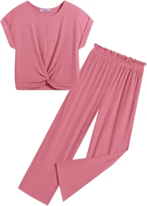 Arshiner Girls Summer 2 Piece Outfits Ribbed Short Sleeve Twist Front Tops and Wide Leg Pants Kids Loungwear Set Tracksuit