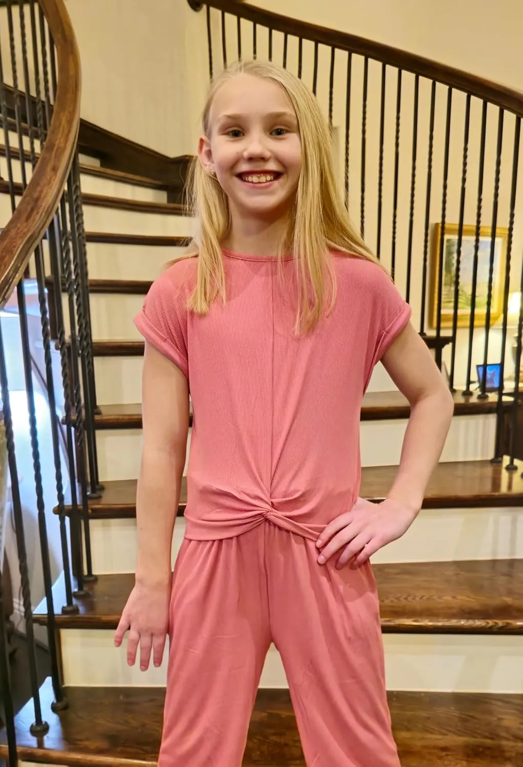Arshiner Girls Summer 2 Piece Outfits Ribbed Short Sleeve Twist Front Tops and Wide Leg Pants Kids Loungwear Set Tracksuit