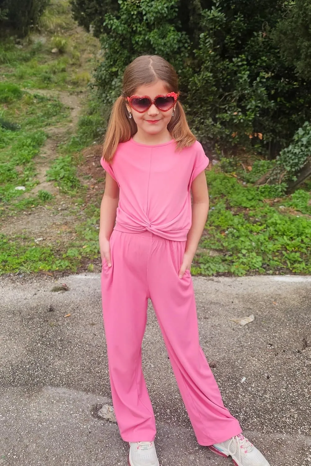 Arshiner Girls Summer 2 Piece Outfits Ribbed Short Sleeve Twist Front Tops and Wide Leg Pants Kids Loungwear Set Tracksuit