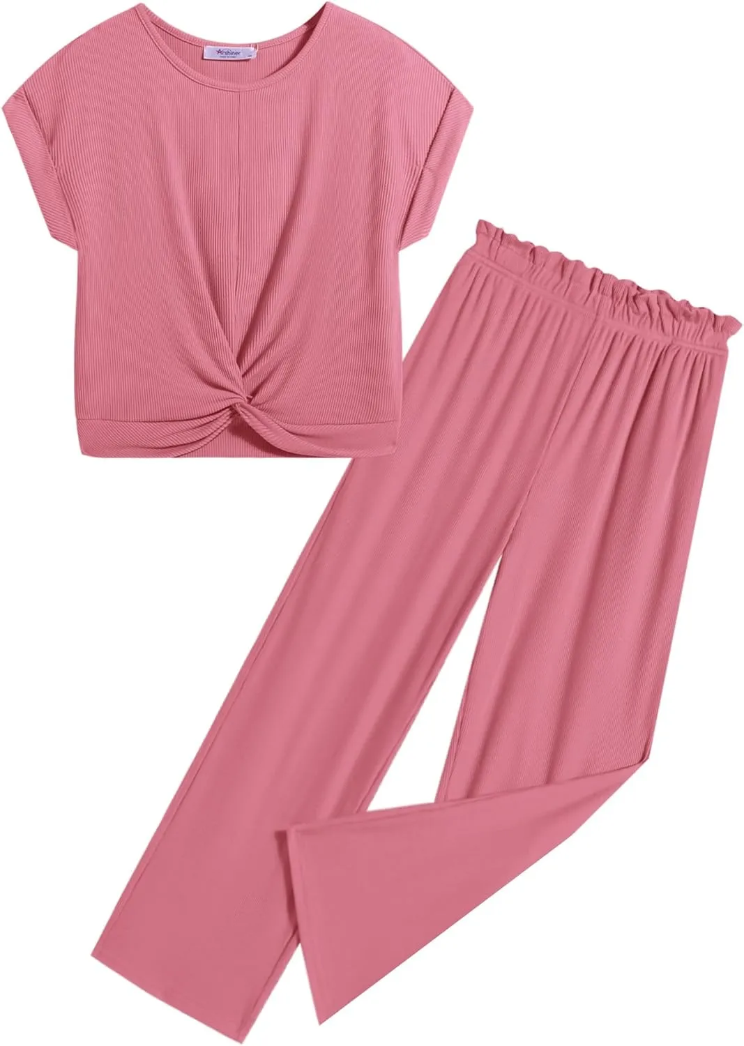 Arshiner Girls Summer 2 Piece Outfits Ribbed Short Sleeve Twist Front Tops and Wide Leg Pants Kids Loungwear Set Tracksuit