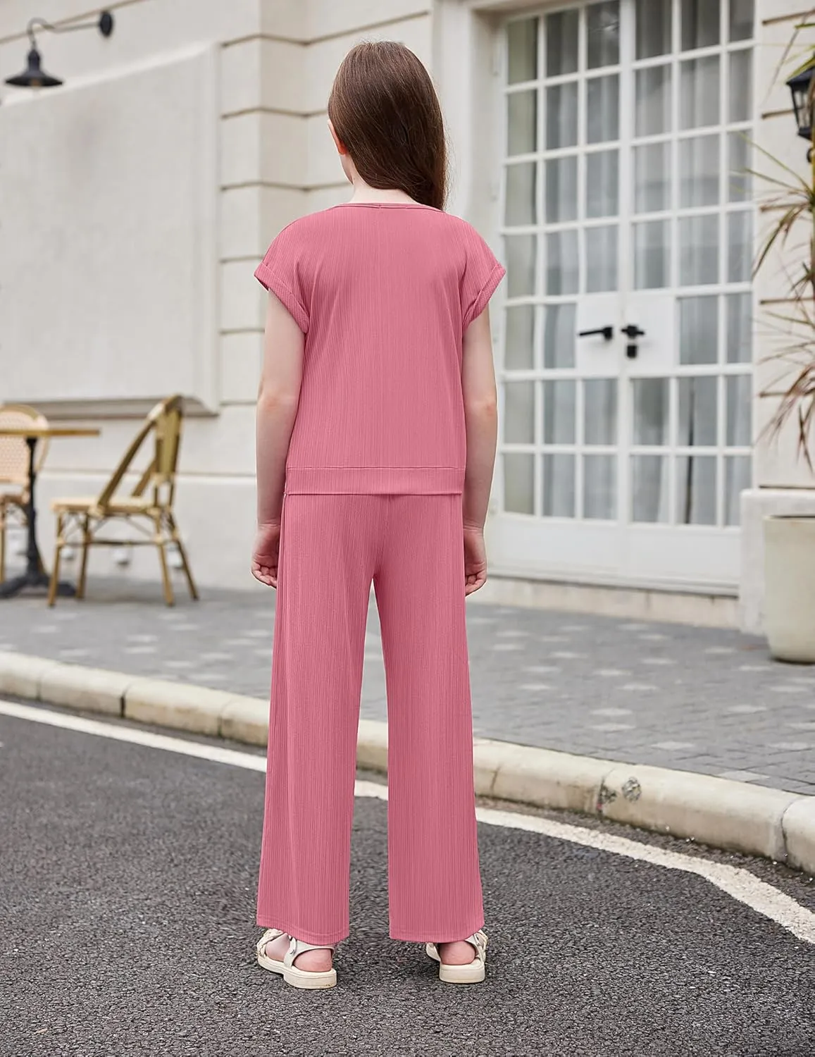 Arshiner Girls Summer 2 Piece Outfits Ribbed Short Sleeve Twist Front Tops and Wide Leg Pants Kids Loungwear Set Tracksuit