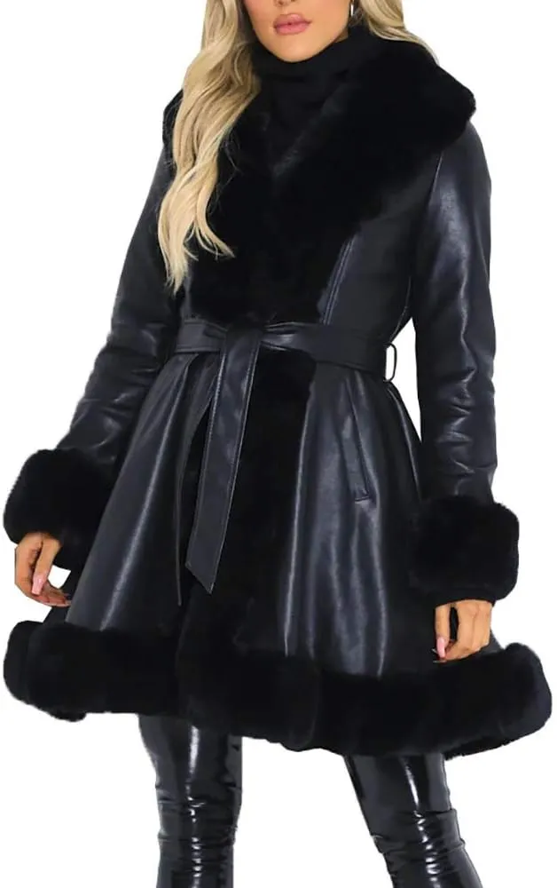 Aurgelmir Women's Faux Leather Jacket Coat Short/Long Parka Coat with Fur Collar Outwear